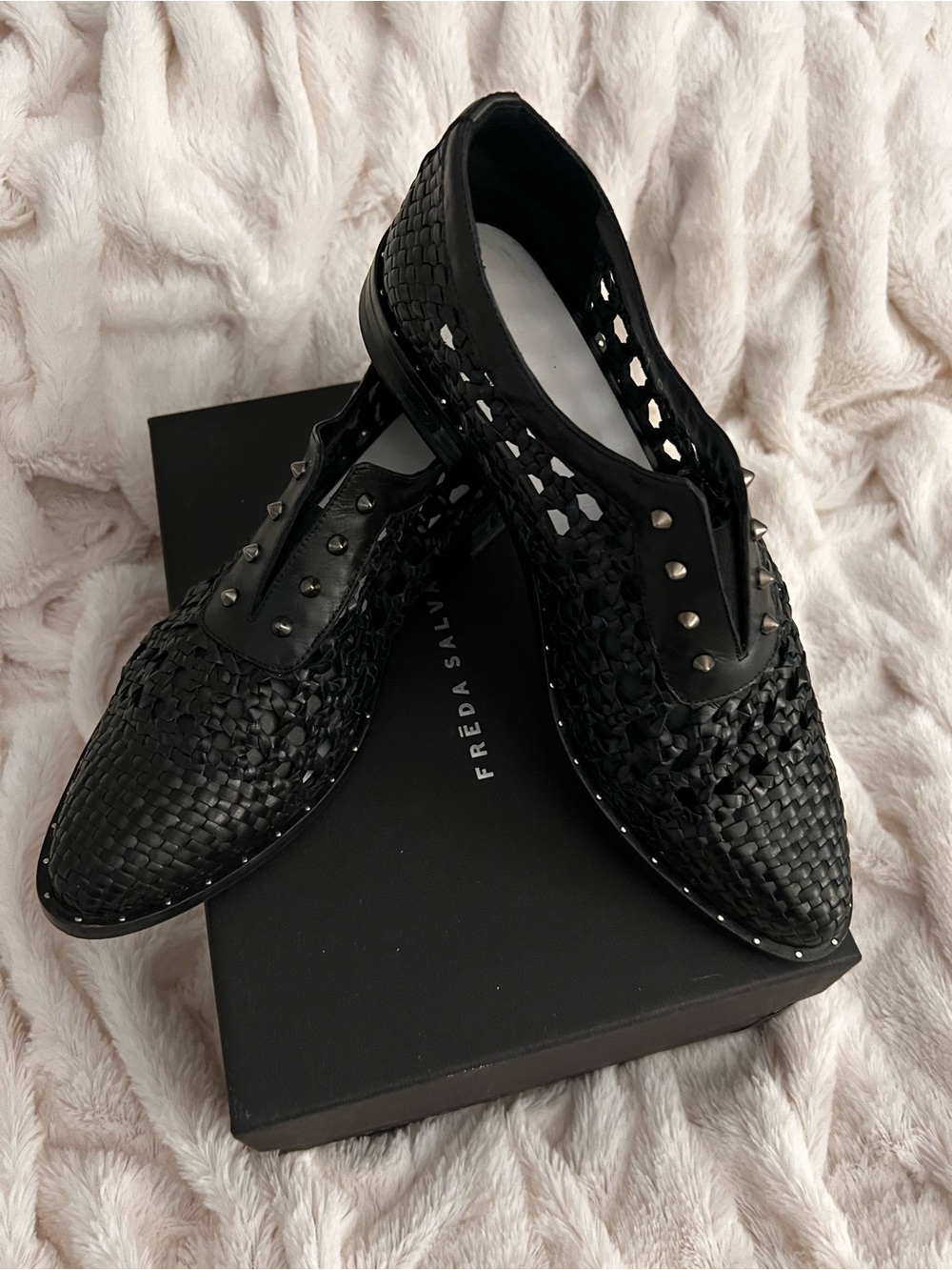 Freda Salvador Black Woven Leather Loafers - Picture 2 of 7